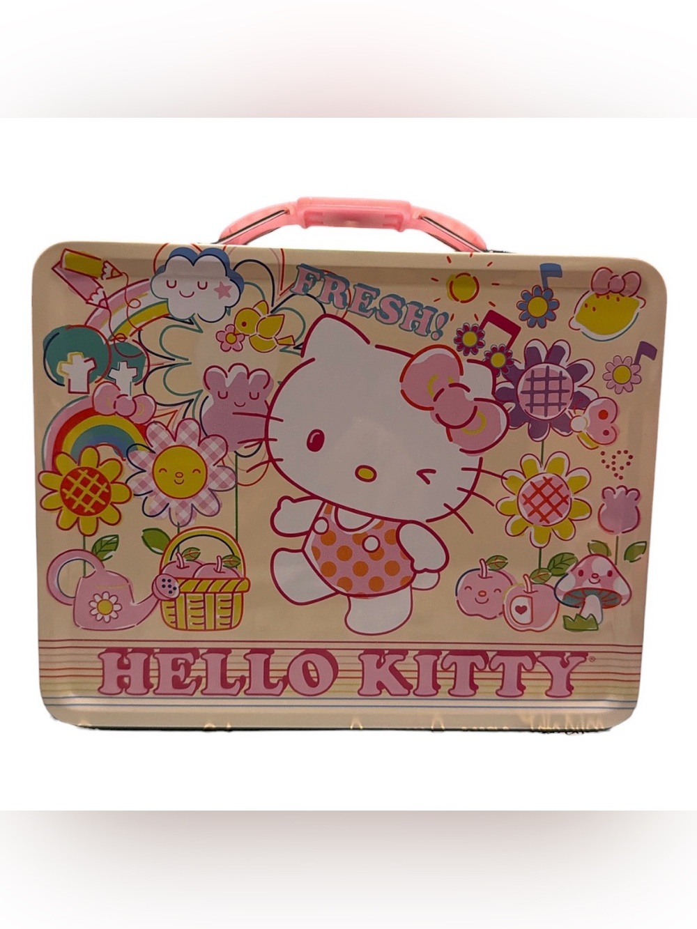 Sanrio Hello Kitty "Fresh" Large Embossed Tin Lunch Box Carry nwot
